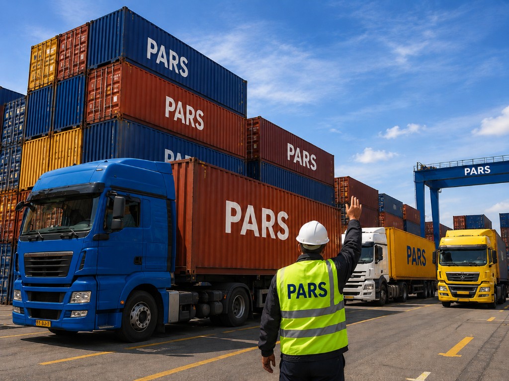 Trucks moving shipping containers at container depot