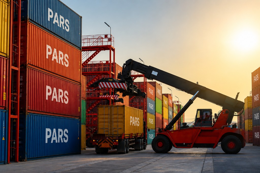 Container yard with stacked shipping containers and reach stacker