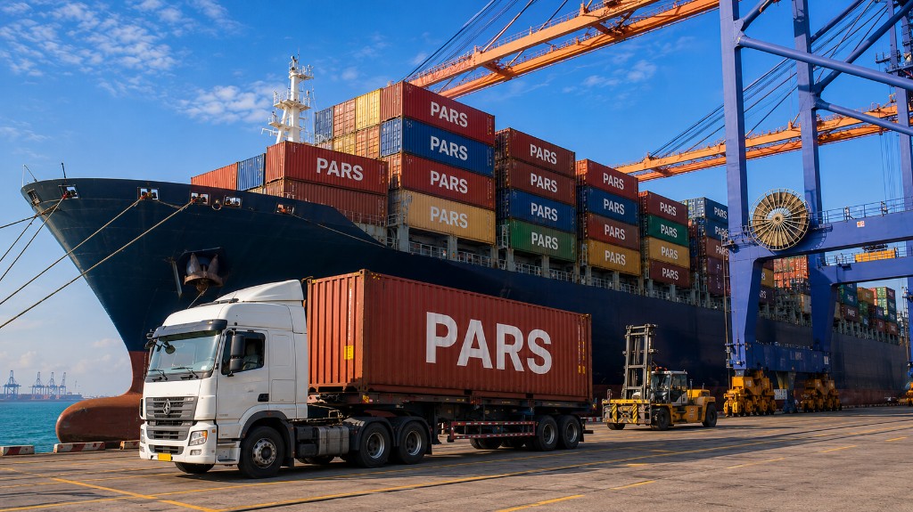 Container port with crane and truck handling operations