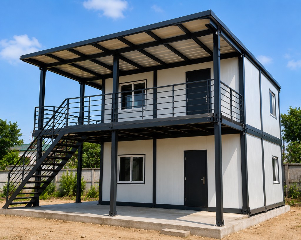 Two-level steel structure with open front deck